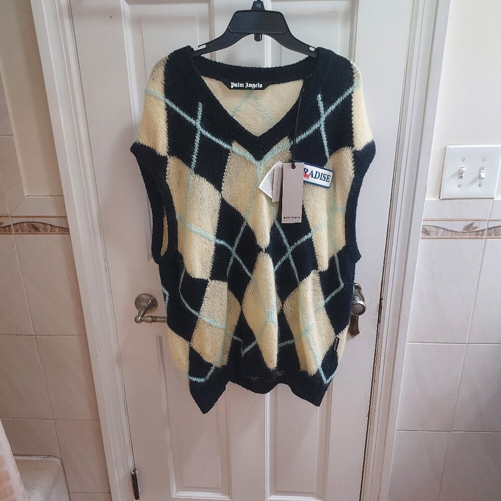 PALM ANGELS Yellow Navy Argyle MENS Vest